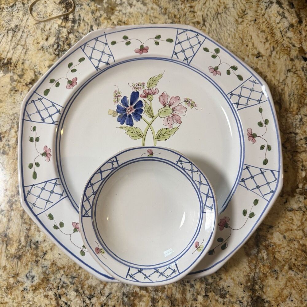 CANTAGALLI Italian Pottery Serving Plate w/ Attached Bowl Hand Painted 12.5" D